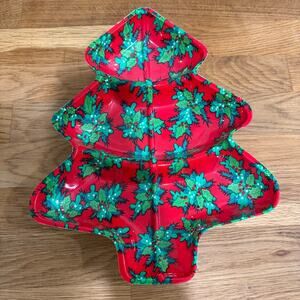 Christmas Tree Holly Leaf Plastic Serving Tray Divided Vintage Holiday Berman